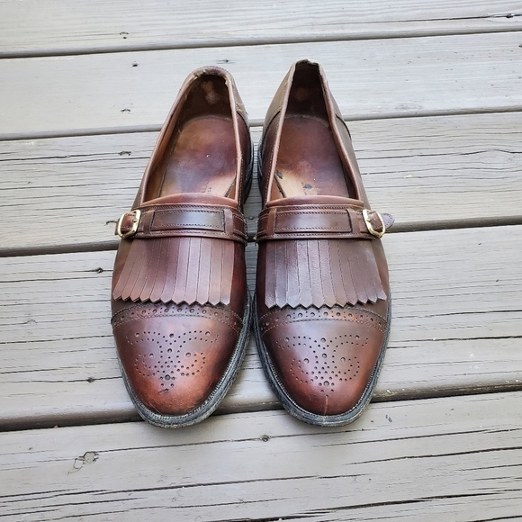 Vintage 80s Allen Edmonds Montague Kiltie Monk‎ Strap Brown Leather Loafers 8.5 main image 8